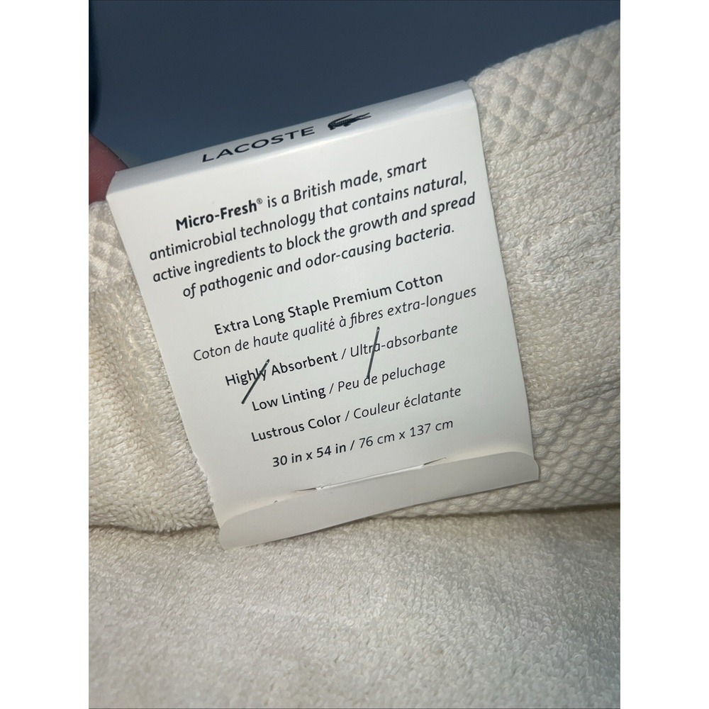 LACOSTE Light Beige Anti-Microbial Supima Cotton Bath Towel 30 x 54 inches - Picture 3 of 3
